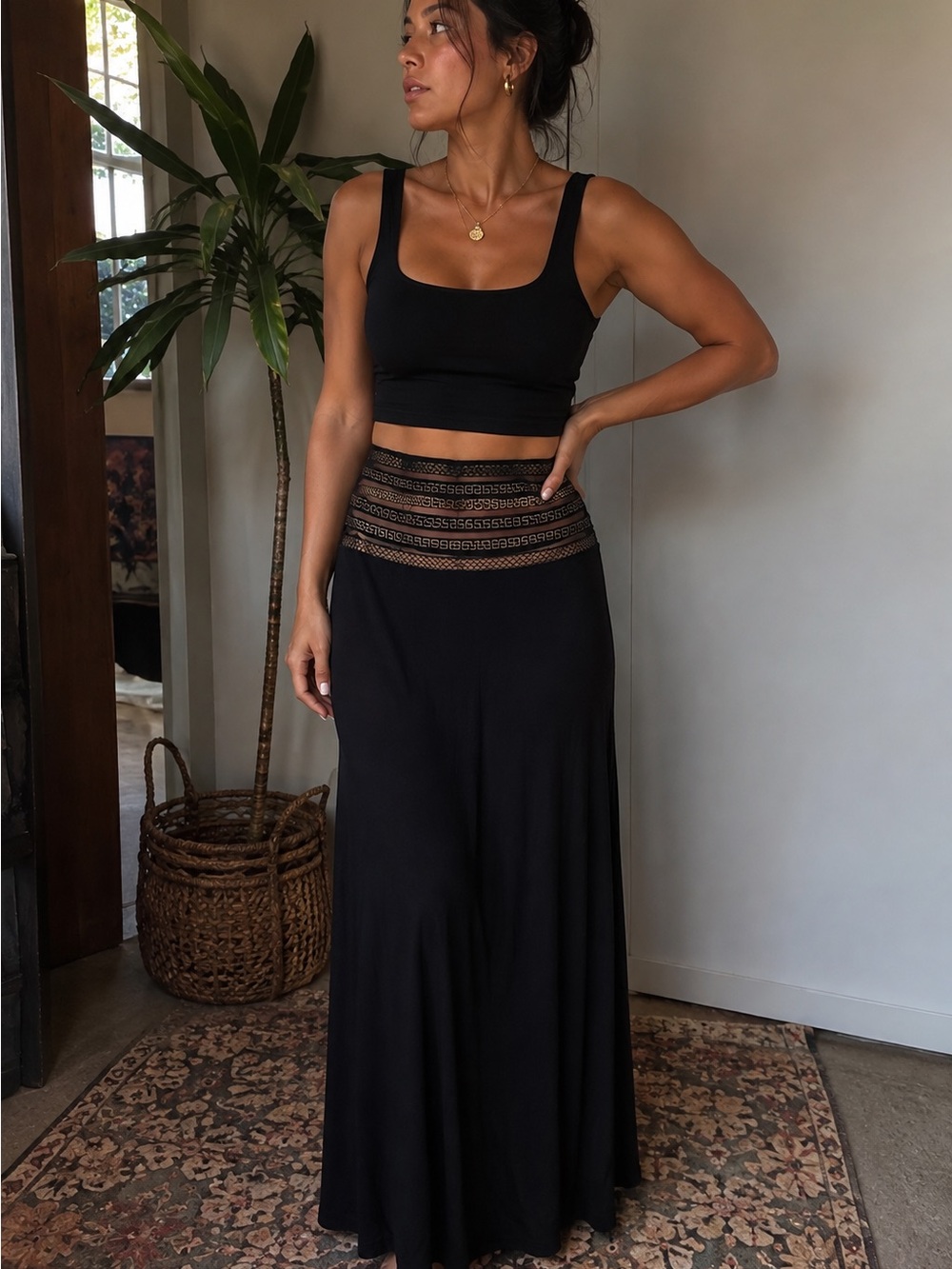 Love Culture Black Maxi Skirt Sheer Mesh Gold Greek Key Waistband L